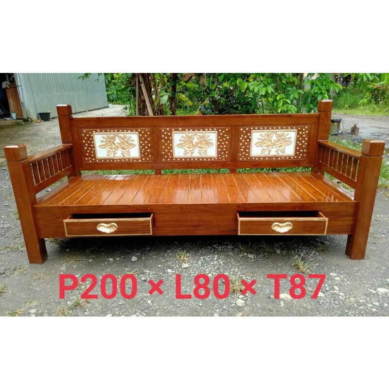 Kusri panjang/kursi jawa/Kursi sante,Model Alusan kayu jati ukuram P200cmxL80cmxT87cm ada 2laci di d
