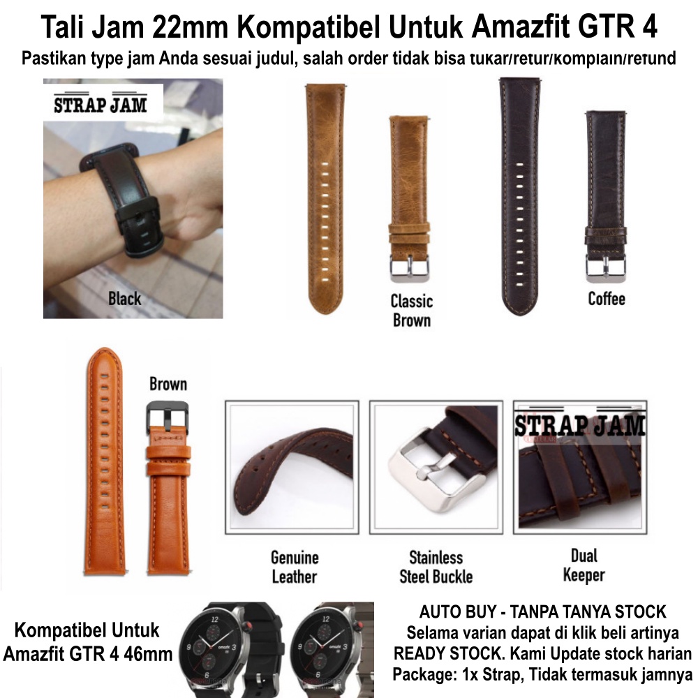 Genune Leather Strap Amazfit GTR 4 46mm - Tali Jam Tangan 22mm Kulit Classic