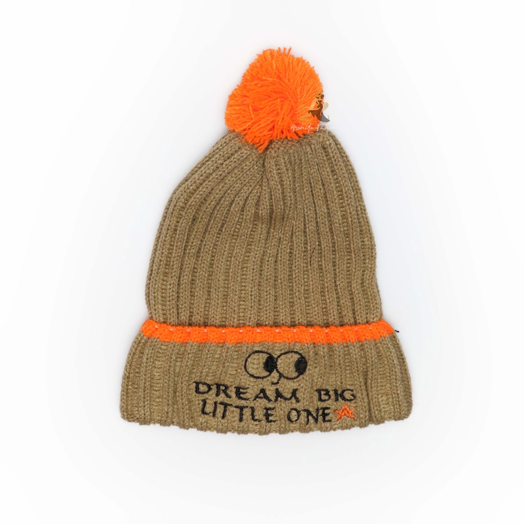 Kupluk Anak DREAM BIG Beanie Hat Desain Custom Bordir nama 1 Hari Jadi Bahan Rajut KUPLUK RAJUT ANAK BORDIR JAMBUL POM POM  Free Bordir Nama