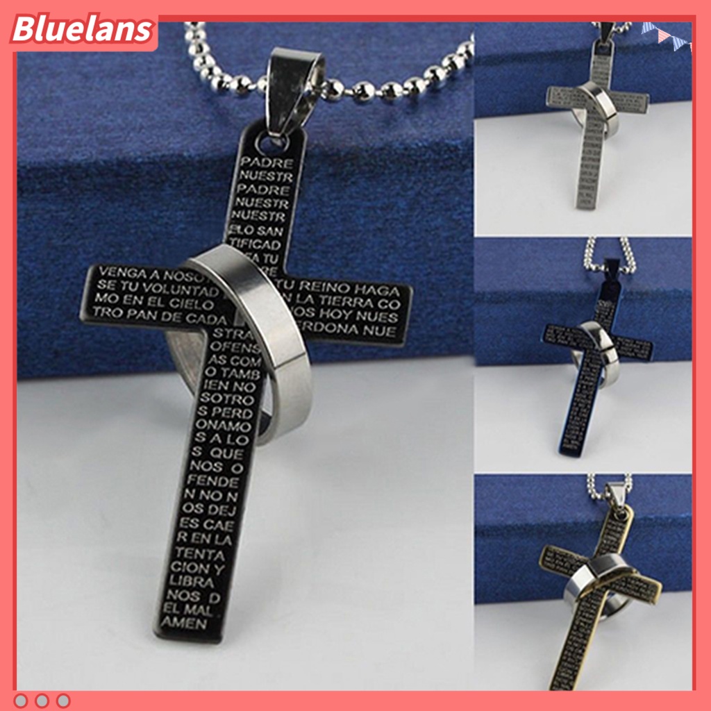 Bluelans Men Stainless Steel Prayer Cross Ring Pendant Ball Chain Punk Necklace Jewelry