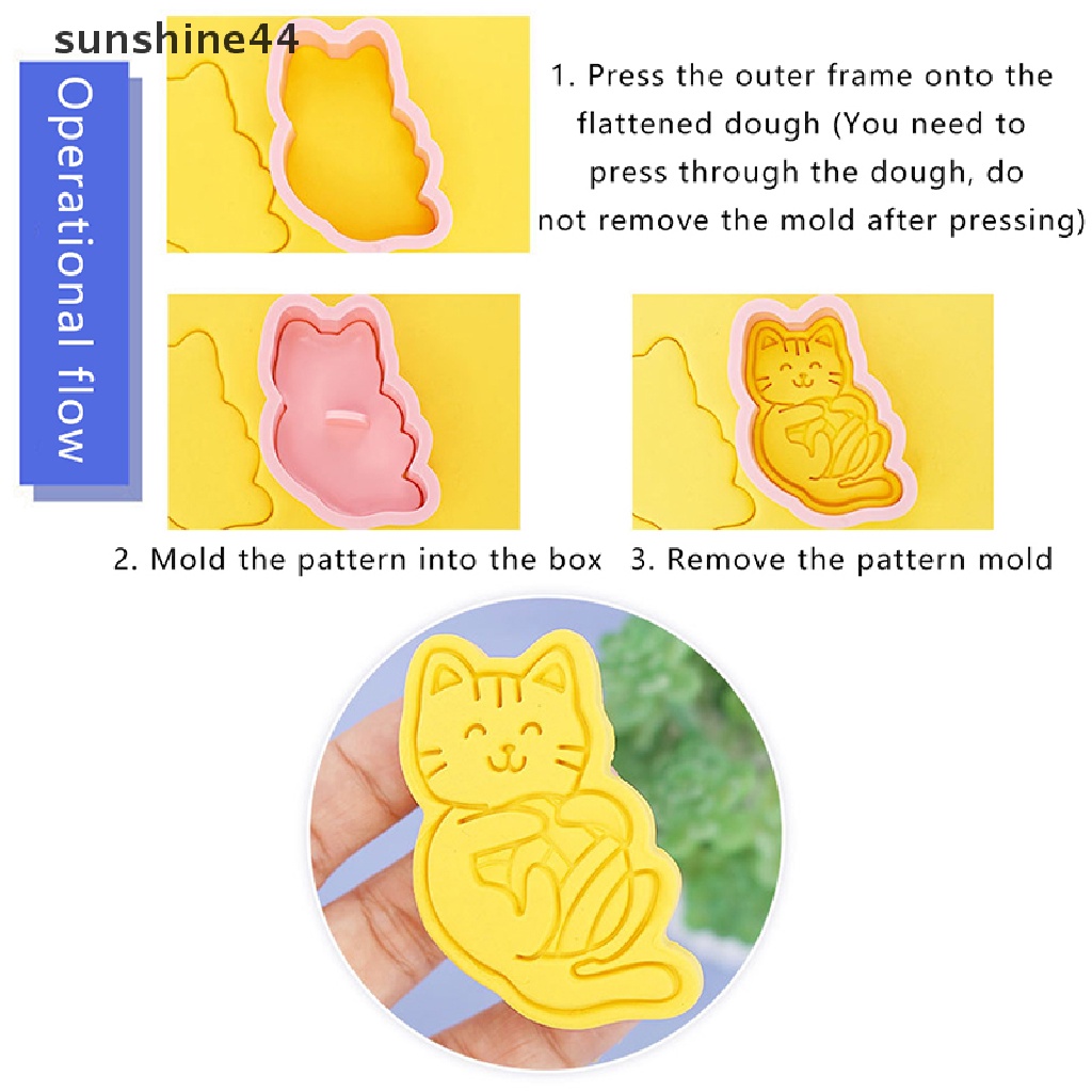 Sunshine 8Pcs Cetakan Biskuit / Cookies Bentuk Kartun Kucing 3D Bahan Plastik