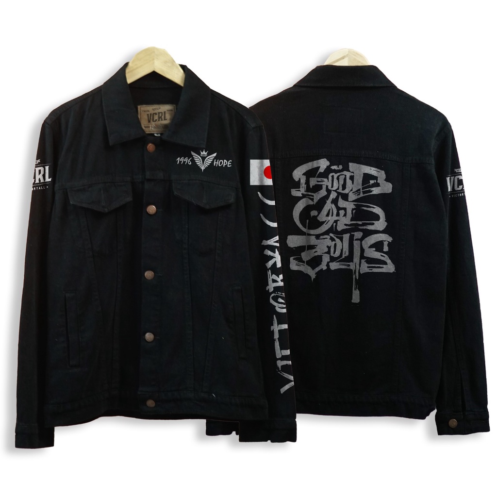 Jaket jeans denim sablon kualitas  hitam sandwash