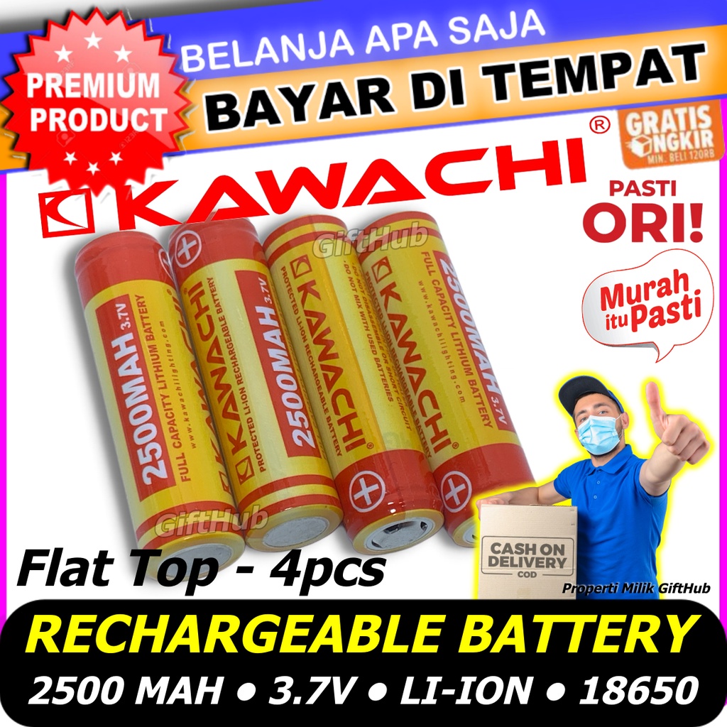Kawachi Rechargeable Battery Type 18650 1200 MAH 1500MAH 2000 mAh 2500 mAh Flat / Rata / Button Top 