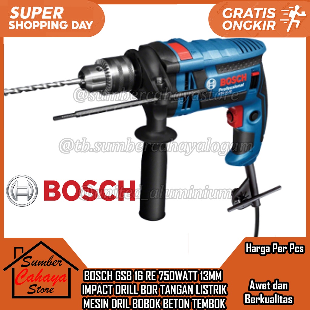 Bosch Bor Beton 13 mm GSB 16 RE 750 WATT WAT IMPACT DRILL BORR BOOR TANGAN LISTRIK  MESIN IMPEK DRIL