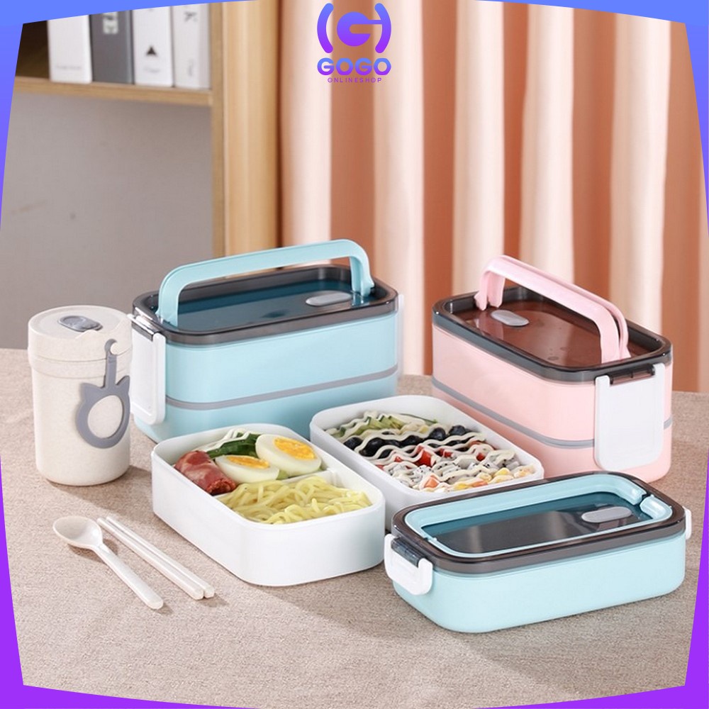 GOGO-C376 Lunch Box Double Layer Kotak Makan 2 Tingkat Kotak Bekal / Bento Box 4 Sekat / Rantang Susun 2 / Tempat Makanan Susun