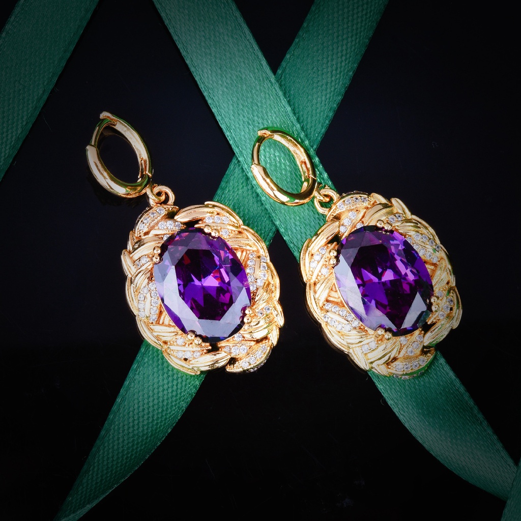 Goldkingdom Perhiasan Fashion 24K Bangkok Aksesoris Ready Stock Mitologi Yunani Cabang Zaitun Amethyst Set Berlian Ungu Kalung Anting Cincin