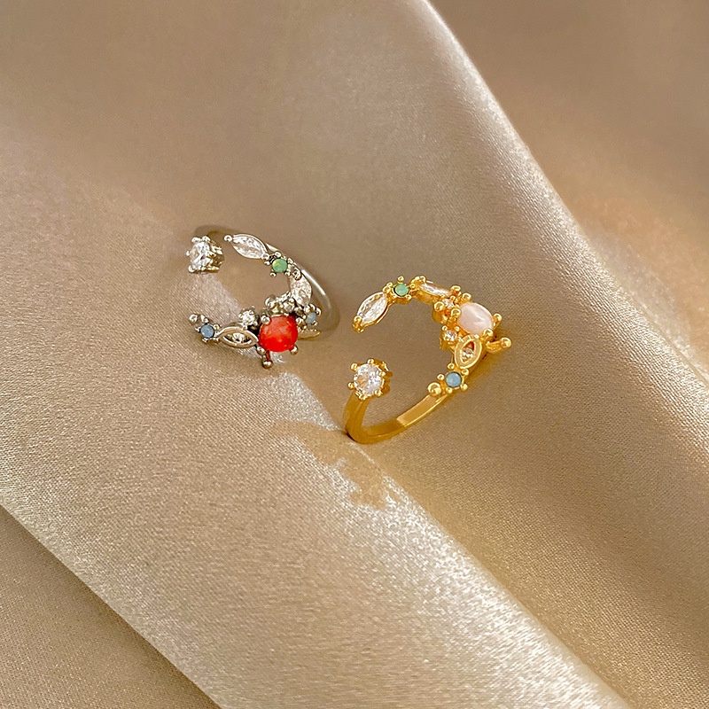 Mhang Cincin Model Terbuka Gaya Korea Motif Bunga Aksen Sapphire + Zircon Untuk Perhiasan Wanita
