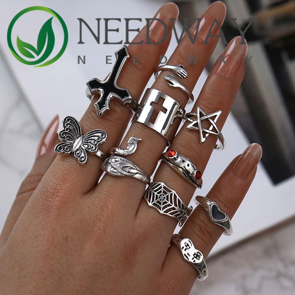 10pcs / set 12pcs / set Cincin Jari Desain Wajah Bintang Butterfly Bahan Alloy Gaya Vintage Korea Untuk Pasangan