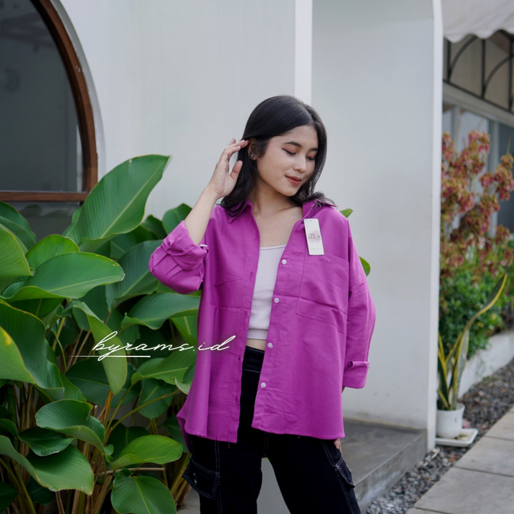 Kemeja Wanita Oversize Linen Olivia Shirt Linen Pocket Oversize-PURPLE