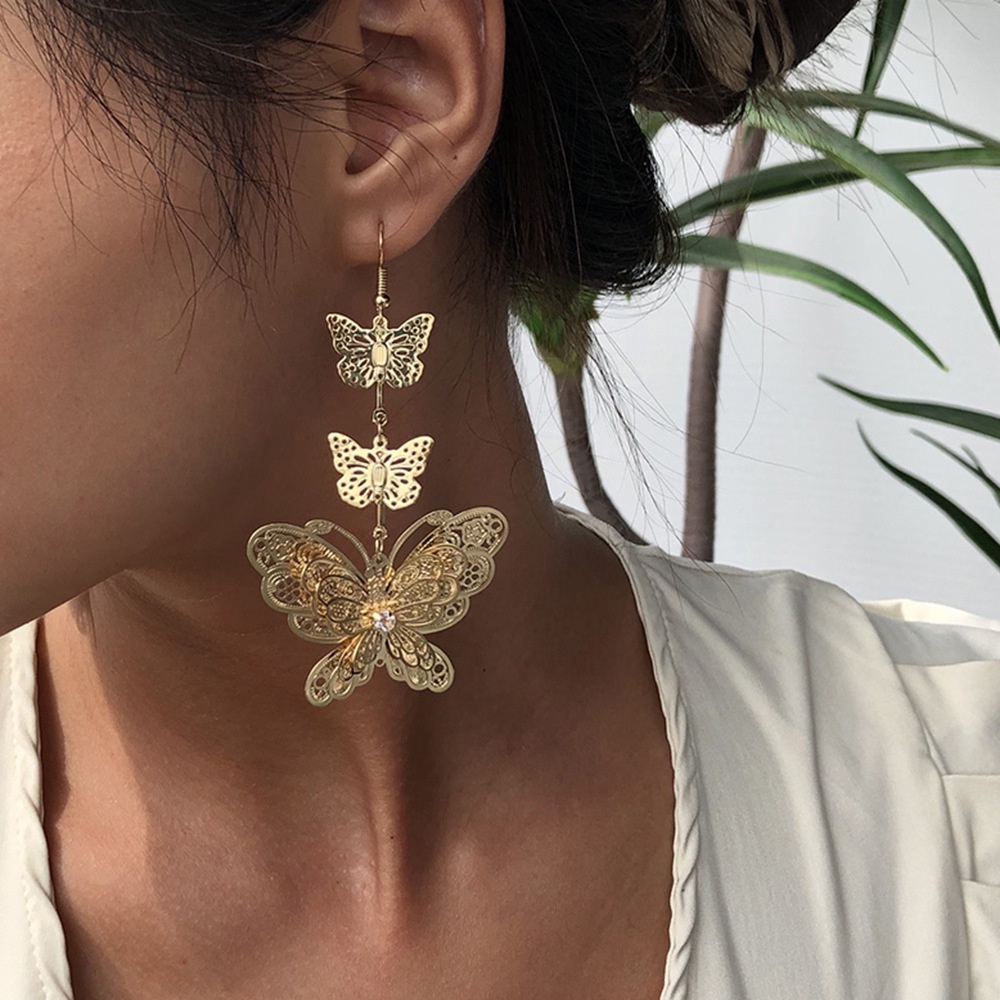 Anting Panjang Bentuk Kupu-Kupu Tiga Lapis Gaya Korea Untuk Wanita Butterfly