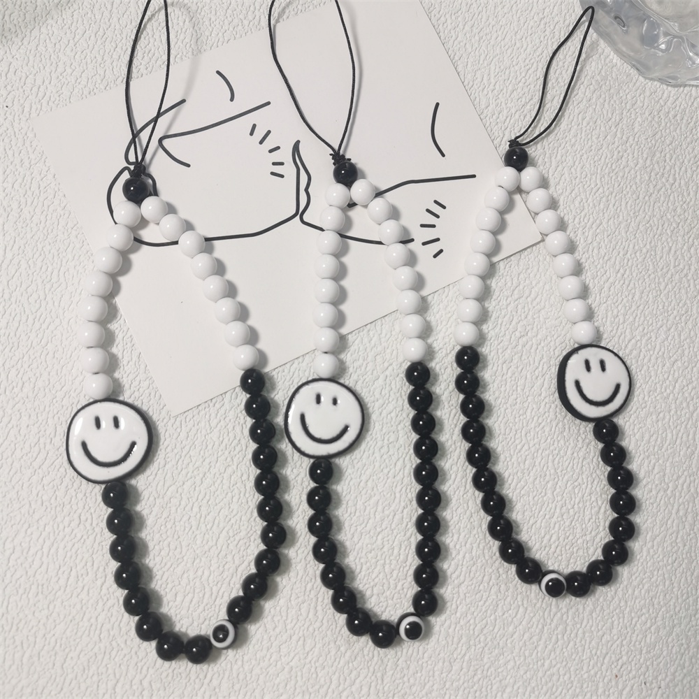 Tali Lanyard Motif Smiley Face Warna Hitam Bahan Akrilik Anti Hilang Untuk Handphone