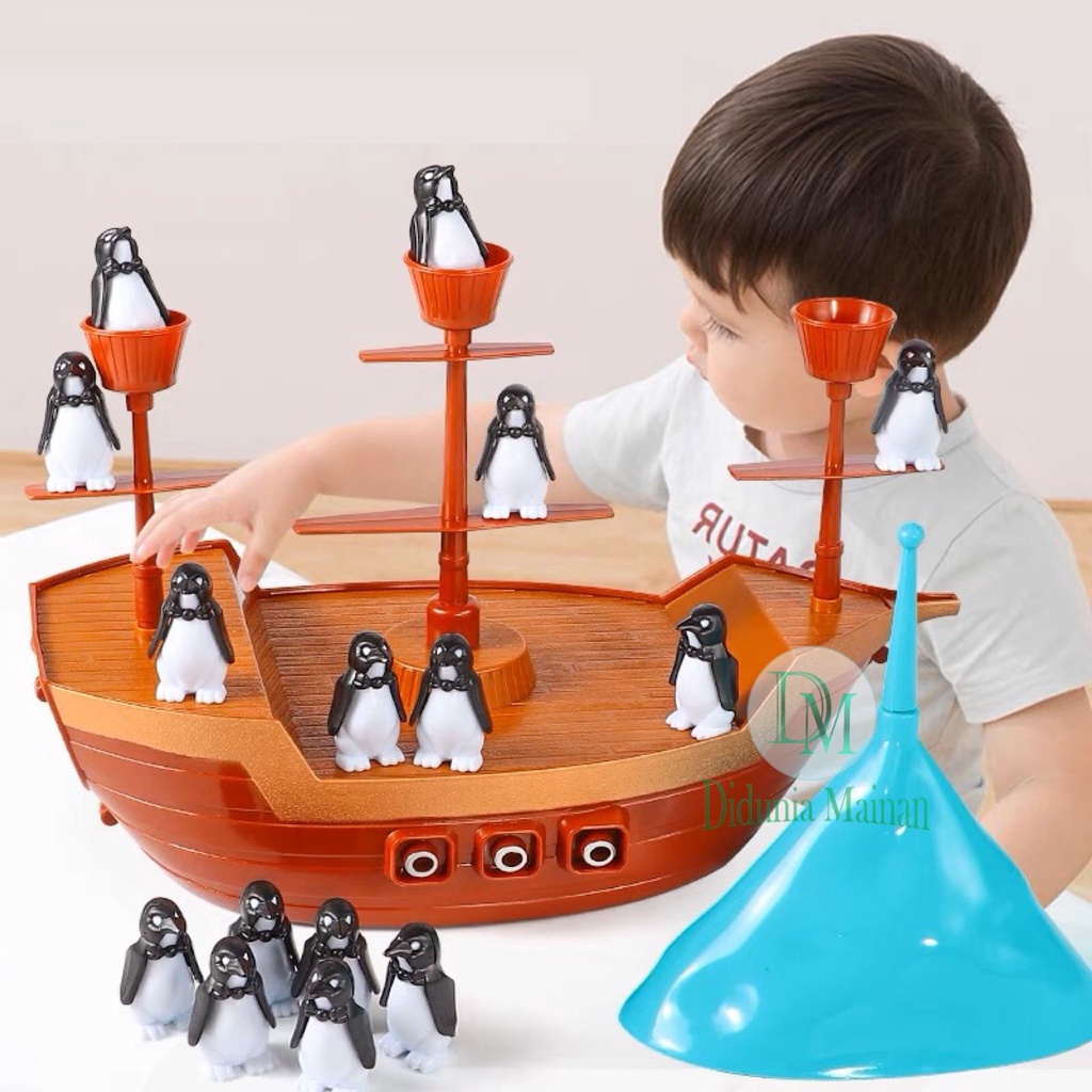 Mainan edukasi anak kapal bajak laut pinguin balancing board game set penguin balance on the pirates ship