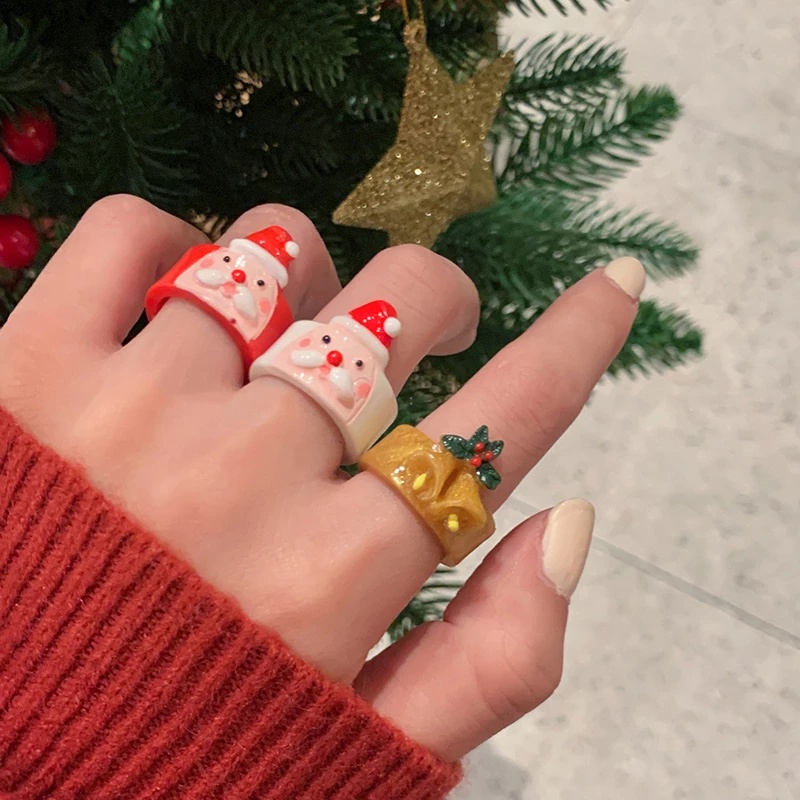 Cincin Desain Kartun Hewan Rusa Santa Claus Pohon Natal Bahan Resin Akrilik Untuk Wanita