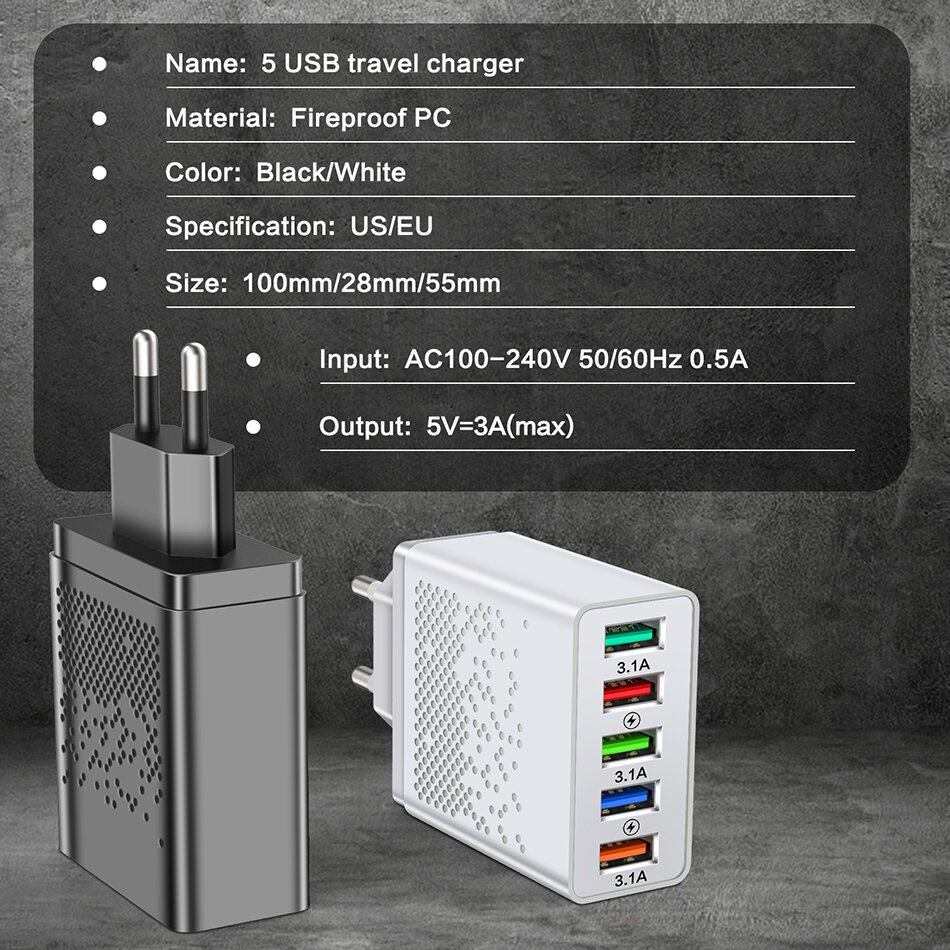 Adapter Charger 5 Port USB QC 3.0 48W Fast Charging Untuk Iphone / Tablet Android