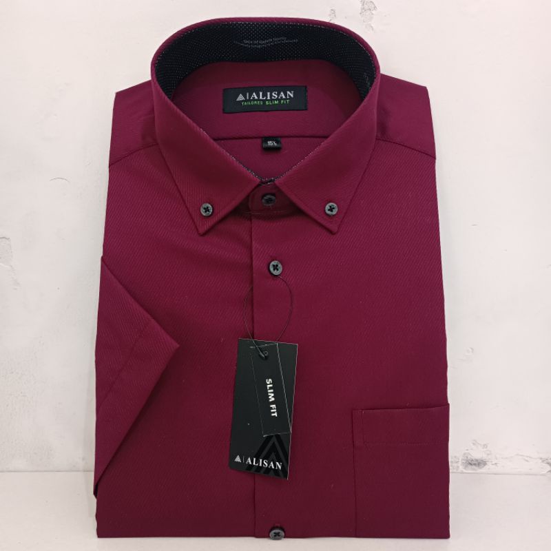 Alisan Kemeja Pria Slimfit Lengan Pendek Dobby Maroon Dalam Bintik Putih Kerah Kancing