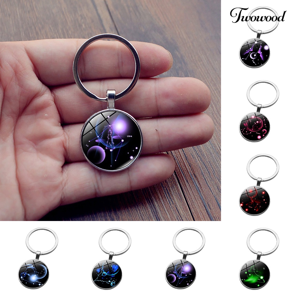 Twowood Gantungan Kunci Dengan Liontin Kaca Bulat Motif 12 Zodiak