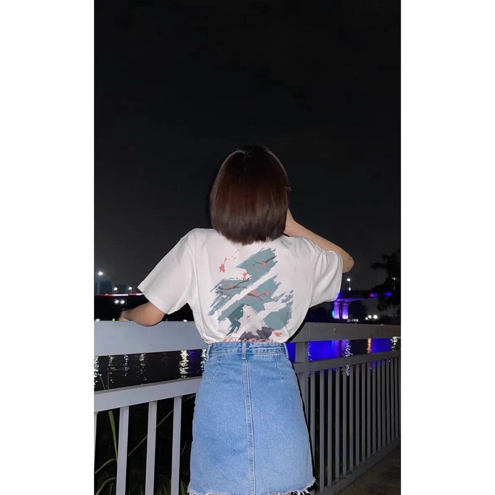 EUNII T-shirt Lengan Pendek Bunga Sakura Lanskap Pencetakan Longgar Korean Style/Kaos Atasan Wanita/Baju Kaus Oversize Wanita