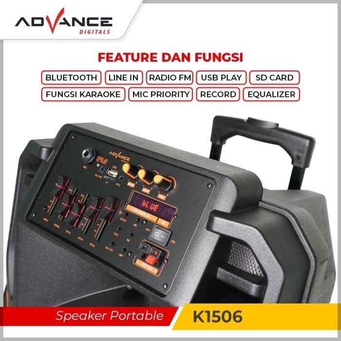 SPEAKER ADVANCE PORTABLE K-1506 K1506 BLUETOOTH 15 INCH KOPER + 2 MIC WIRELESS GARANSI RESMI