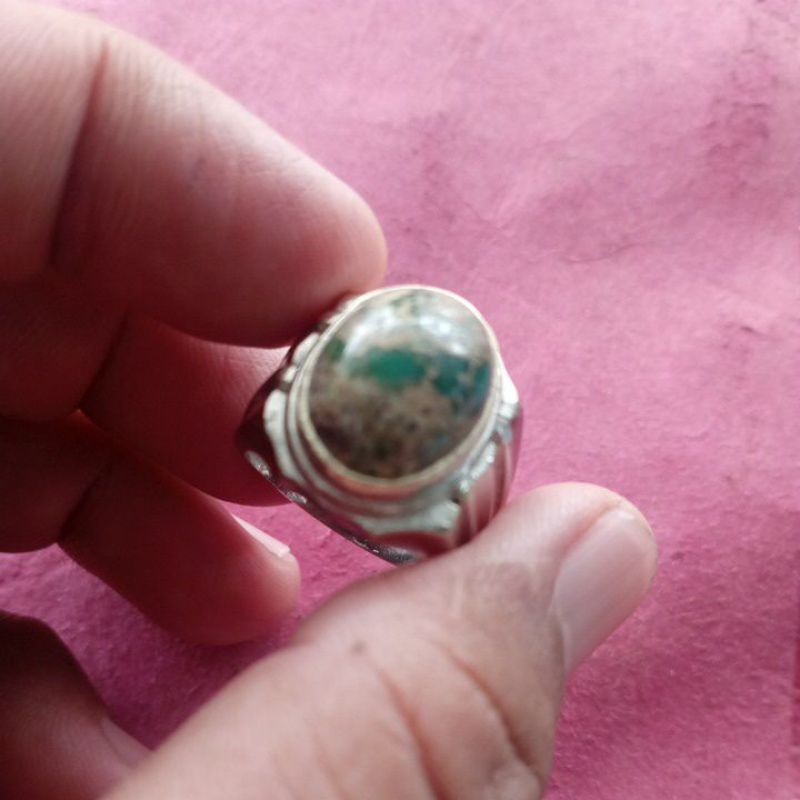 cincin batu akik pirus Persia hijau serat emas