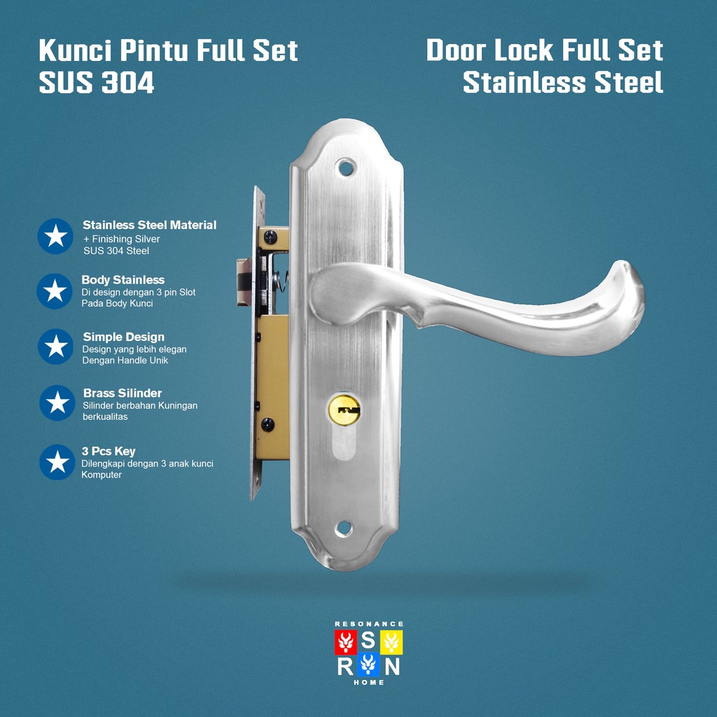 Set Kunci Pintu Eropa Gagang Lengkung SUS 304 / Resonance Home