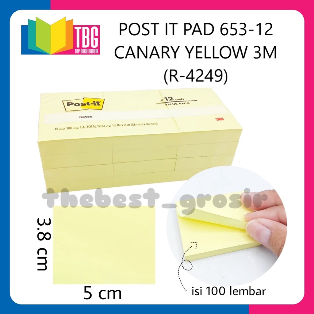 

1 PAD POST IT PAD 653-12 CANARY YELLOW 3M (R-4249) - STICK NOTE STICKY NOTES MEMO PAD