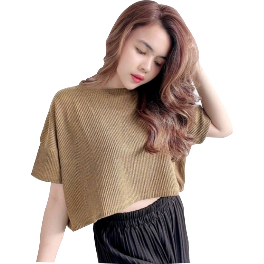 KAOS CROP RAJUT KNIT JUMBO POLOS WANITA DEWASA