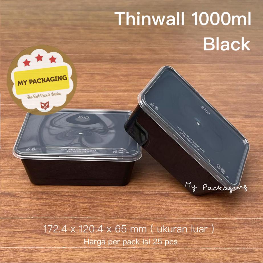 THINWALL FOOD CONTAINER 1000ml LUNCHBOX BLACK - 25pcs  | Persegi Panjang Rectangular | Microwave Freezer Steamer Food - SAFE | BPA Free Reusable