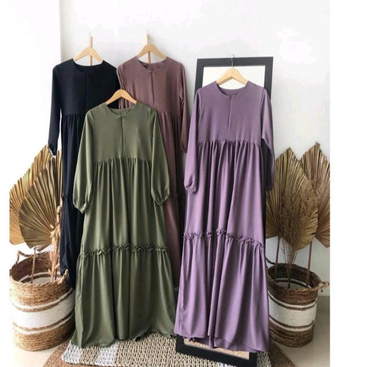 Gamis Polos Remaja Dewasa M L XL Jumbo Premium Murah Rempel Busui Friendly Hitam Milo Lilac Army ▪ N