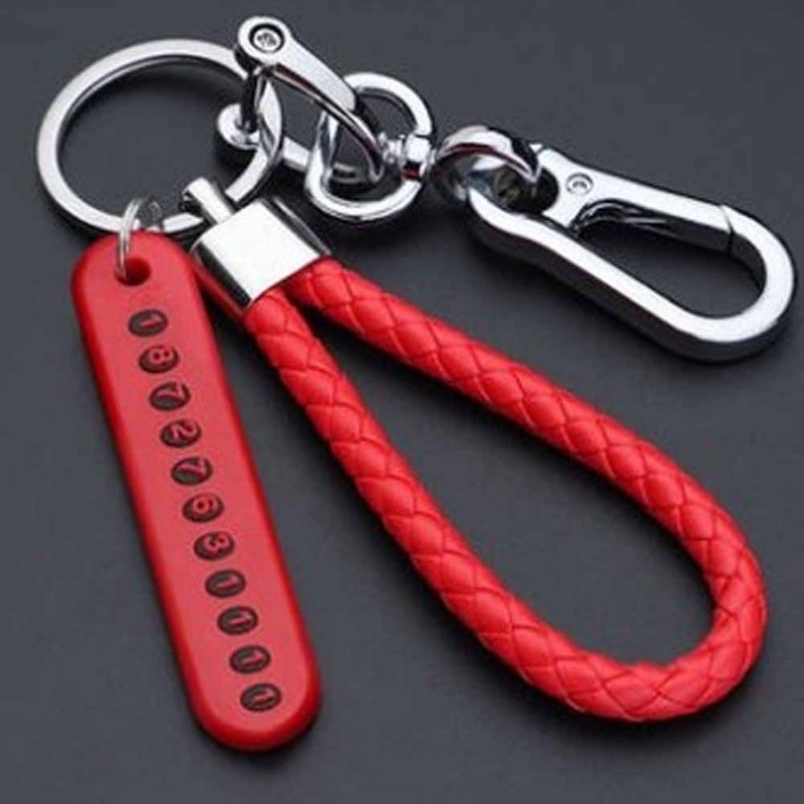 Set Gantungan Kunci Mobil Motor Tag No HP Buckle Tali Car KeyChain-Merah