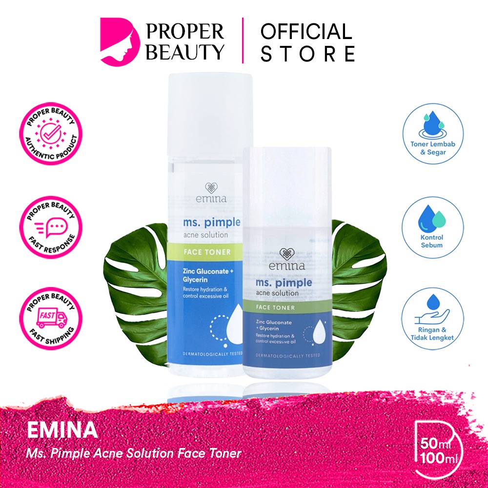 EMINA Ms. Pimple Acne Solution Face Toner Indonesia / Pelembab Wajah 50ml 100ml / Zinc Gluconate + Glycerin / Restore Hydration &amp; Control Excessive Oil / Kulit Jerawat Berjerawat / Skincare Face Care Facial Cleanser Cleansing Penyegar Muka Bersih / Series