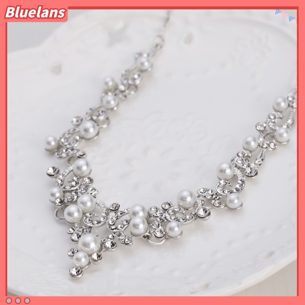 Bluelans Fashion Alloy Rhinestone Faux Pearl Necklace Earrings Women Bride Jewelry Set