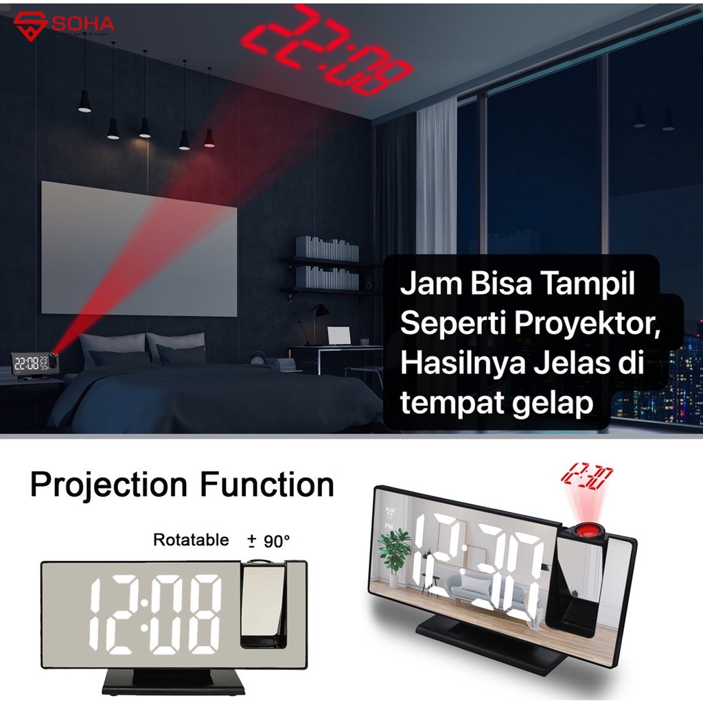 JD-08 Jam Digital Ada Proyektor Jam Mirror Dengan Layar LED Besar Fitur Snooze Ada Suhu Alarm &amp; Kalender Bisa jadikan Cermin