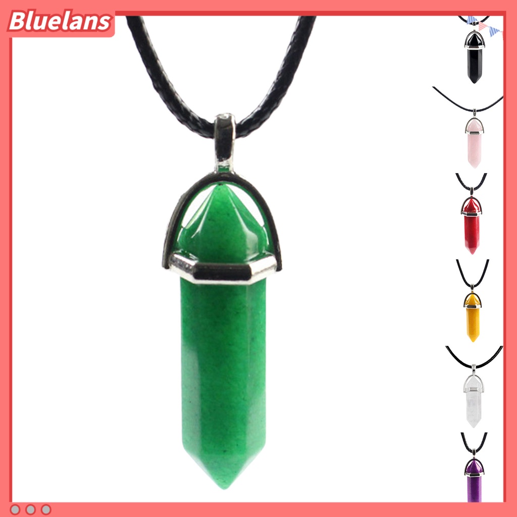 Bluelans Kalung Tali Hitam Adjustable Dengan Liontin Batu Heksagonal Alami Untuk Wanita