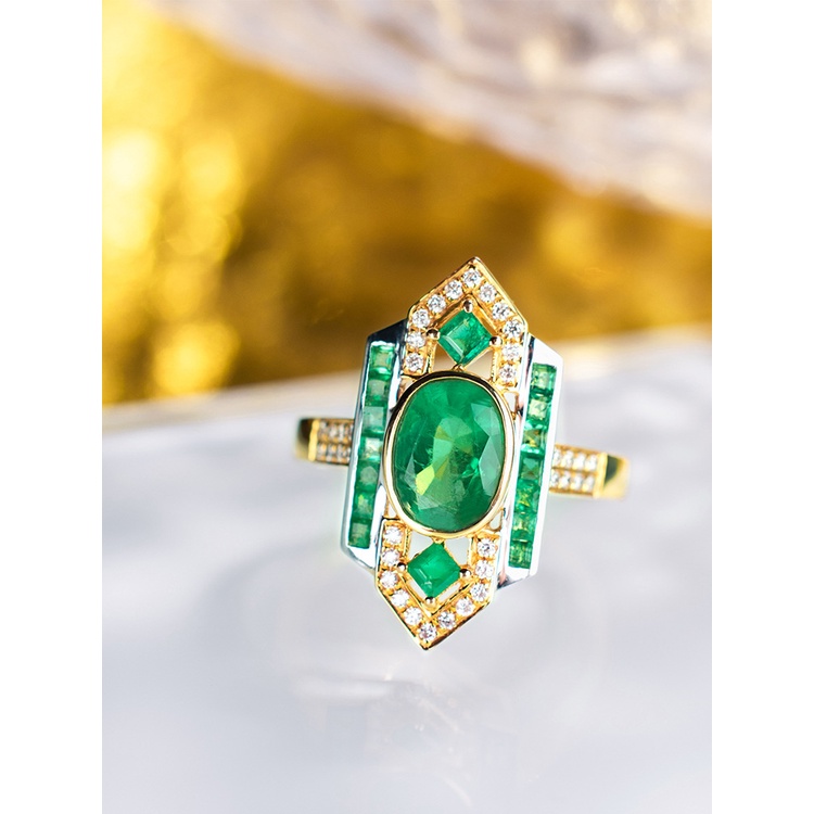 Goldkingdom Perhiasan Fashion Emas Asli Kadar 375 Bangkok Aksesoris Ready Stock Klasik Art Deco Style Suit Emerald Pendant Cincin Berlian Hijau Anting