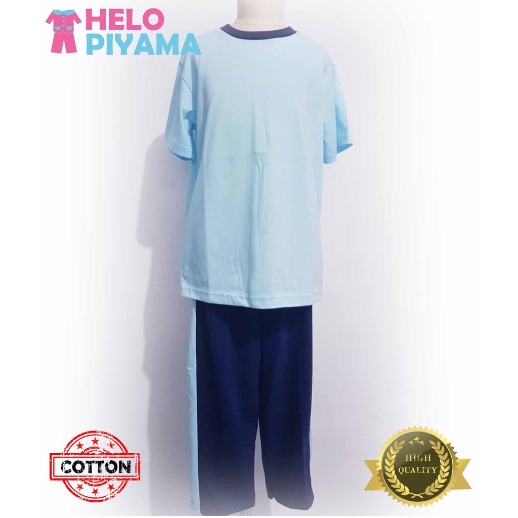 Helo Piyama - Baju Tidur Stelan Kaos Anak Cowok Biru Muda Polos