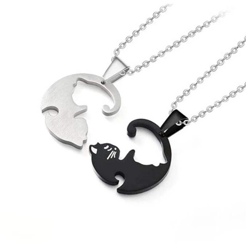 2pcs / Set Kalung Rantai Choker Hias Liontin Hewan Kucing Hati Bahan Stainless Steel Untuk Pasangan