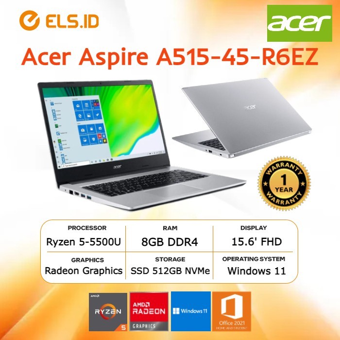 Laptop Acer Aspire A515-45-R6EZ Ryzen 5-5500U 8GB SSD 512GB 15.6' FHD W11+OHS