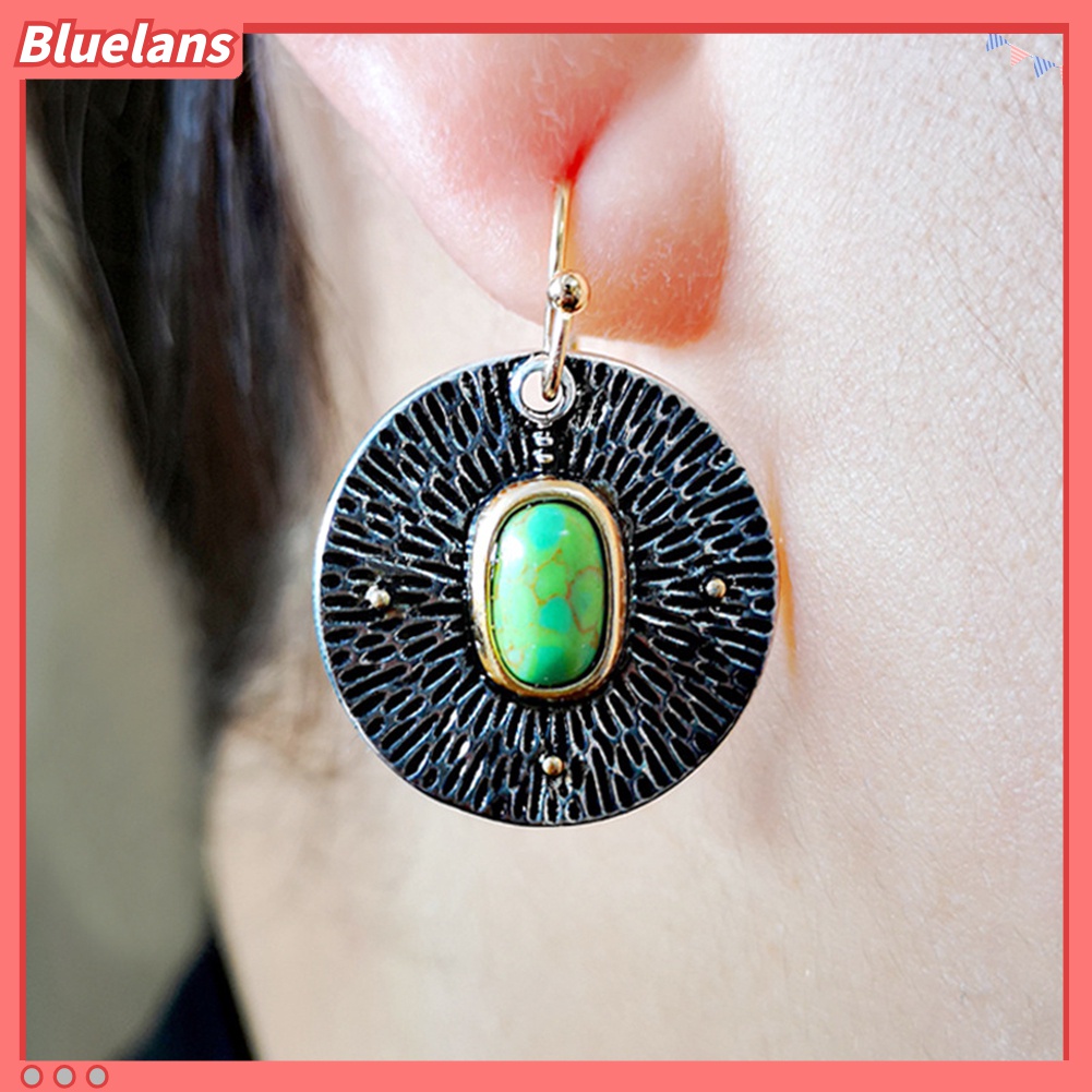 Anting Kait Juntai Bentuk Bulat Aksen Turquoise Tiruan Gaya Vintage Untuk Wanita