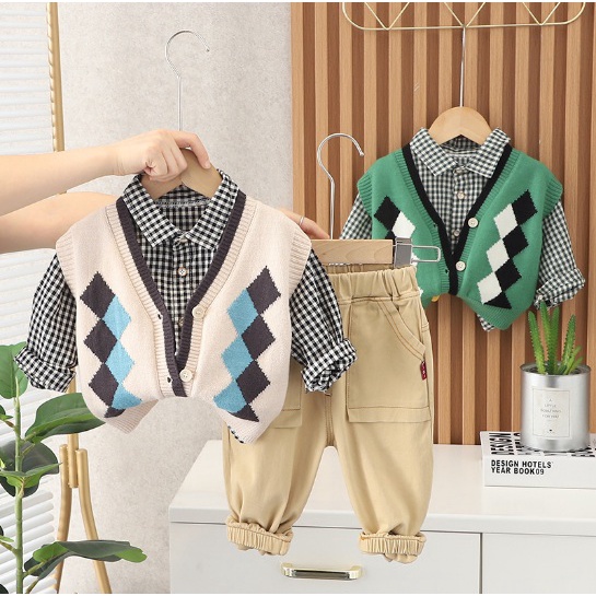 setelan anak laki laki import 3 in 1 | baju anak laki laki import | set baju anak laki KEMEJA KOTAK KECIL GREENCREAM