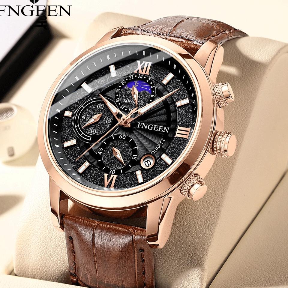 X5M0 FNGEEN 6187 Jam Tangan Pria Original Tali Kulit Kalender Tahan Air Olahraga Kronograf Jam Tanga