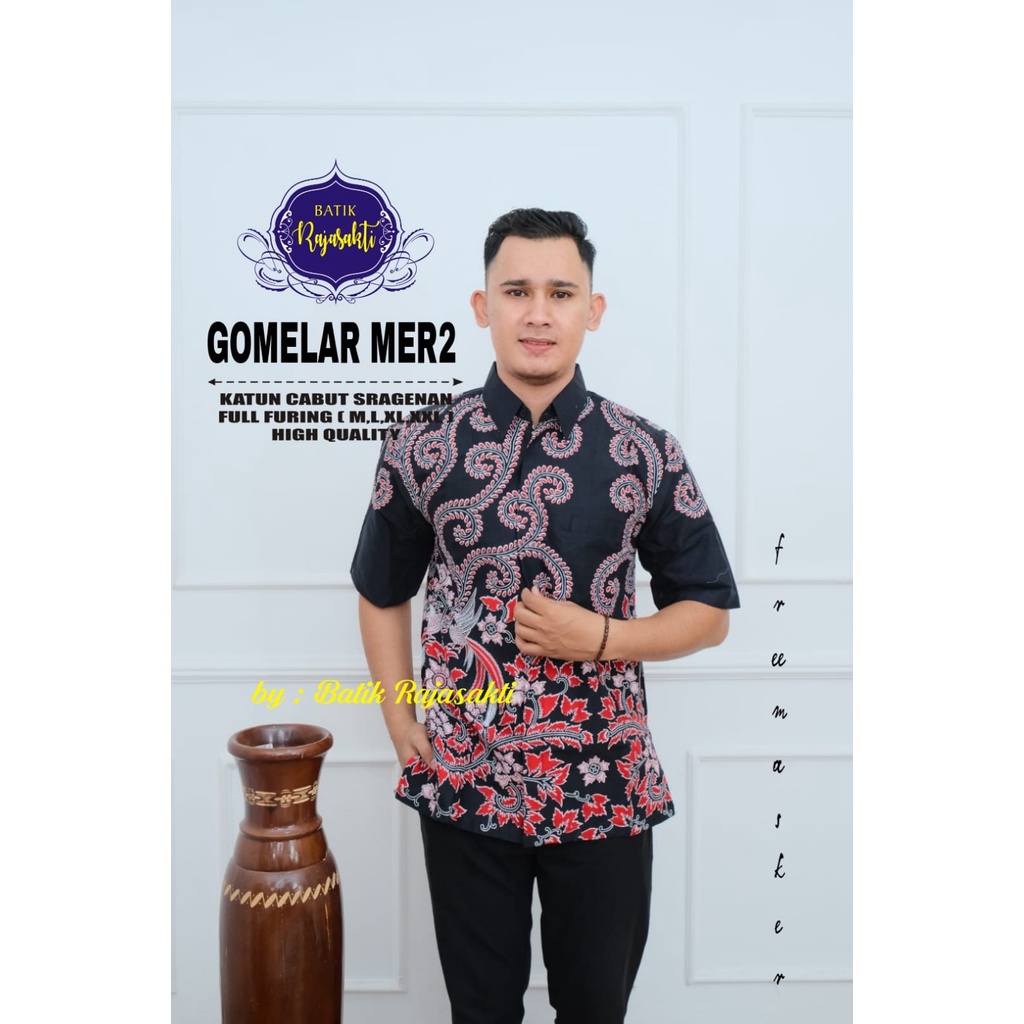 GOMELAR MERAH 2 RAJASAKTI BATIKSOLOAMANAH KEMEJA BAJU BATIK PRIA SOLO LENGAN PENDEK PANJANG LAPIS FURING ATASAN BATIK PREMIUM MODERN KATUN HALUS FAWWAZ FEBIANDRO GAGAH PERKOSO GAJAHSORA GALING INDAH GALING MERAH BURUNG BERSUA GALING MEWAH GANDRAWATI