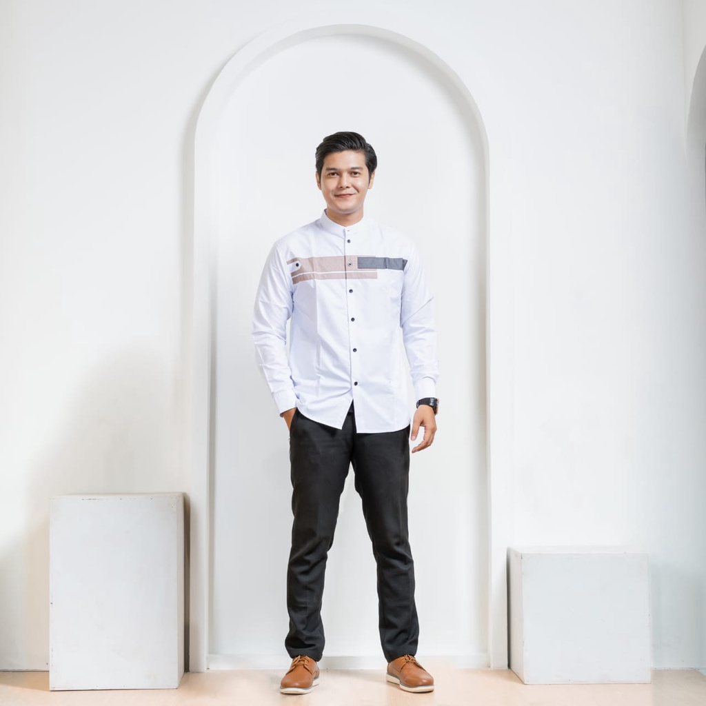Asakhi - Baju Koko Pria Hadroh Kombinasi Motif Yordan Lengan Panjang Warna Putih M L XL