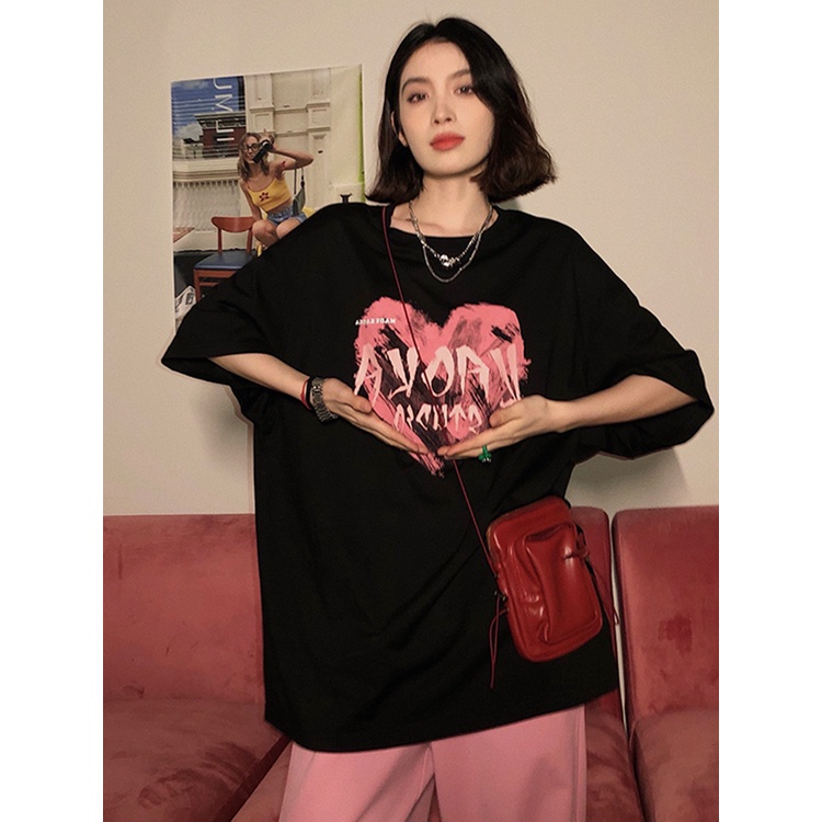 EUNII T-shirt Lengan Pendek surat cinta Pencetakan Longgar Korean Style/Kaos Atasan Wanita/Baju Kaus Oversize Wanita