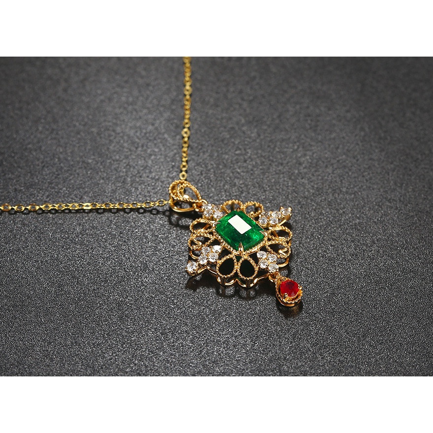 Goldkingdom Perhiasan Fashion 24K Bangkok Aksesoris Ready Stock Natural Emerald Pendant Ruby Vintage Lapis K Emas Asli Kadar 375 Manik Kalung