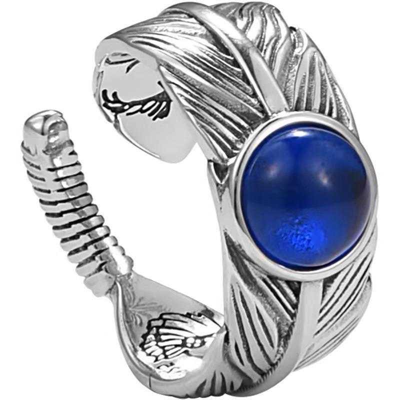 Cincin Model Terbuka Desain Bulu Sapphire Gaya Vintage Indian Untuk Pria Dan Wanita