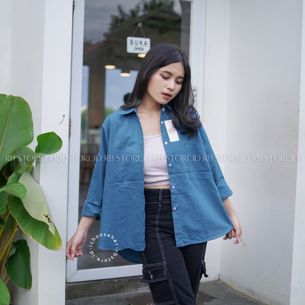 Kemeja Wanita Linen Oversize Olivia Shirt Linen Pocket-OLIVIA TEAL BLUE