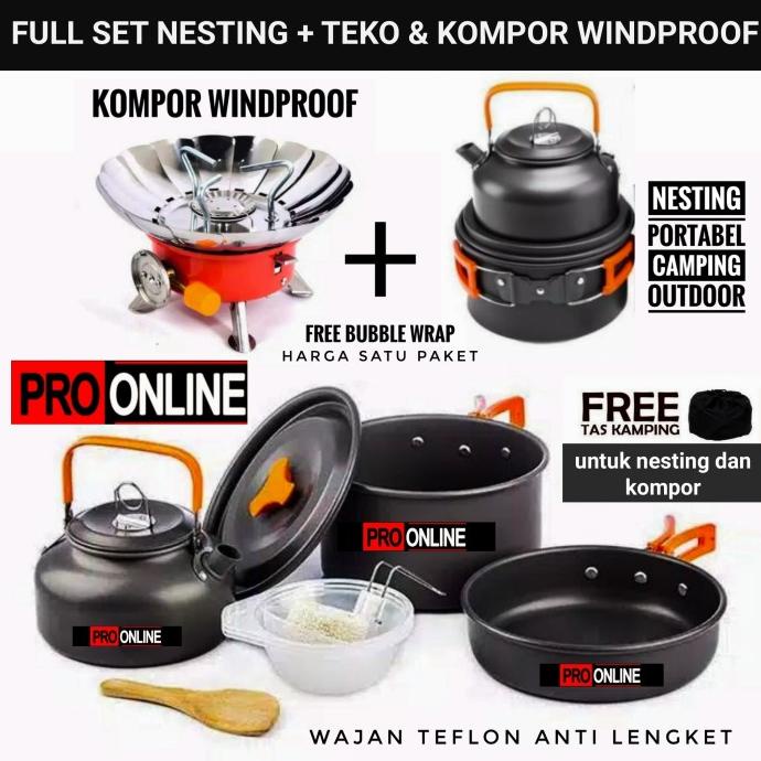 Nesting Teko & Kompor Windproof Kemping Gunung Cooking Set Camping