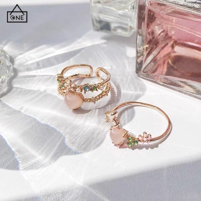 COD❤️Cincin Hati Love Cinta Fashion Korea Wanita Bentuk Bunga Pembukaan Dapat Disesuaikan Cahaya Mewah Manis Cincin Wanita-A.one