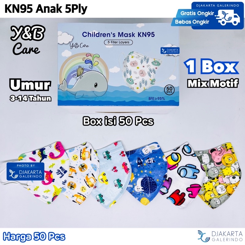 Masker KN95 Y&amp;B Care Anak 5Ply Motif Mix Pack 10Pcs Box 50pcs