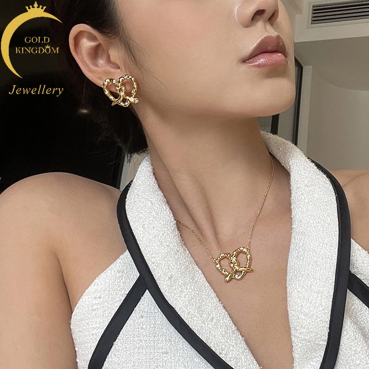 Goldkingdom Fashion Perhiasan Emas Asli Kadar 375 Bangkok Aksesoris Ready Stock French Vintage Earrings Bray Knot Bertatahkan Berlian Hati Kepribadian Klavikula Rantai